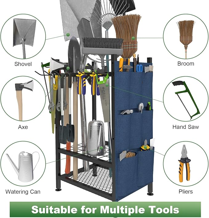 Garden Tool Organizer, Garden Yard Tool Rack for Garage, Garage Organization and Storage, Metal Yard Tools Storage up to 46 Tools/Rake/Broom/shovel/, Suitable for Garage, Yard, Patio, Shed