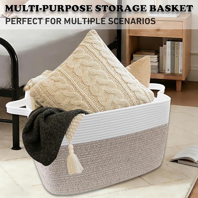 96L Large Blanket Basket,24"x16"x15"Rectangle Storage Bin with Handles,Woven Rope Laundry Basket for Toys, Clothes,Magazines,Home Organization,Nursery,Living Room & Bedroom,White & Brown