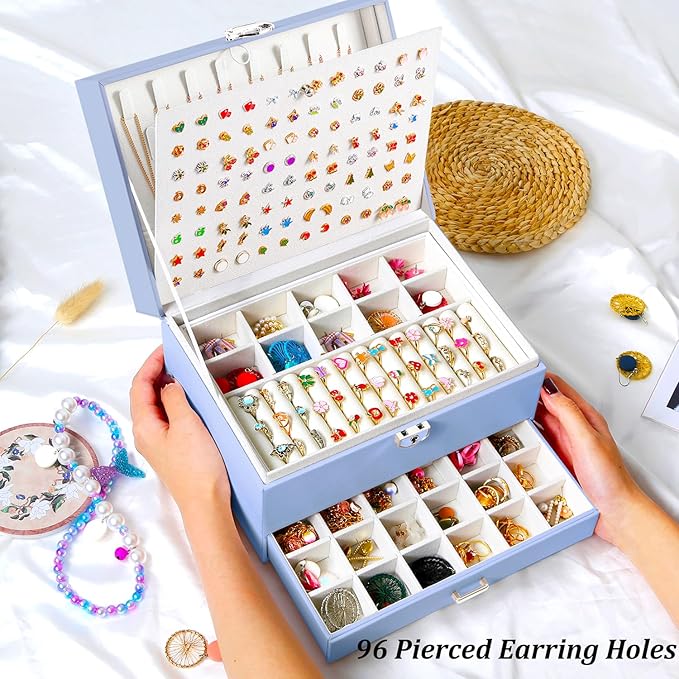 QBestry Earrings Jewelry Box for Girls, 5 Layers Jewelry Organizer with Earring Holder Organizer for Girls Earring Organizer Jewelry Boxes for Women Earrings and Necklaces Jewelry Box Organizer Blue