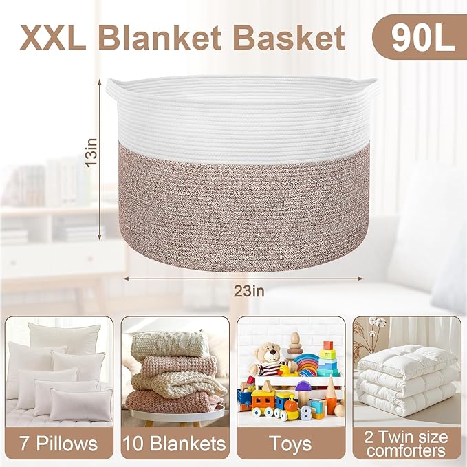 90L Extra Large Blanket Basket for Living Room - Cotton Rope Laundry Hamper Woven Baskets XXL Storage Bin with Handles for Dirty Clothes, Kids, Pets, Toys, Bedroom, 23'' x 23'' x 13'', White & Brown