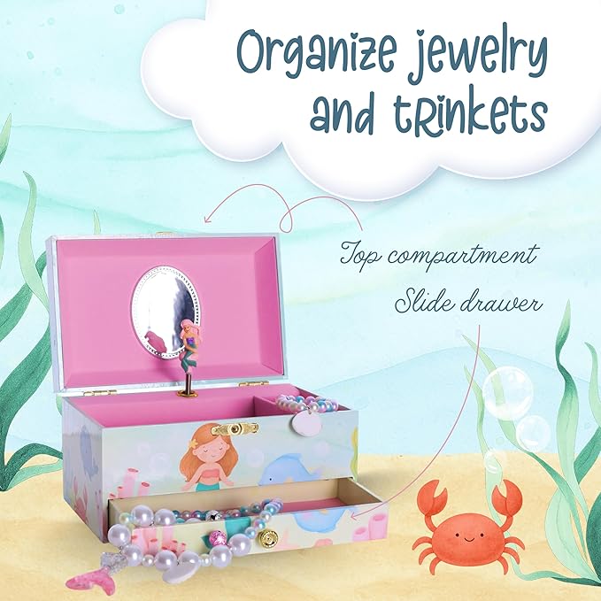 The Memory Building Co Mermaid Musical Jewelry Box Plays Classic Melody, Storage Organizer Music Box for Kids Ages 6-12, MDF Wood w/ 2 Fabric Lined Ring Bracelet Necklace Treasure Compartments