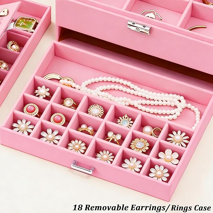 QBestry 3-Layer Jewelry Box for Girls & Teens with Lock and Key, Large Jewelry Organizer with 8 Necklace Hooks & 56 Earring Holes, Pink Velvet Jewelry Storage Box for Necklaces Earrings Rings Bracelet