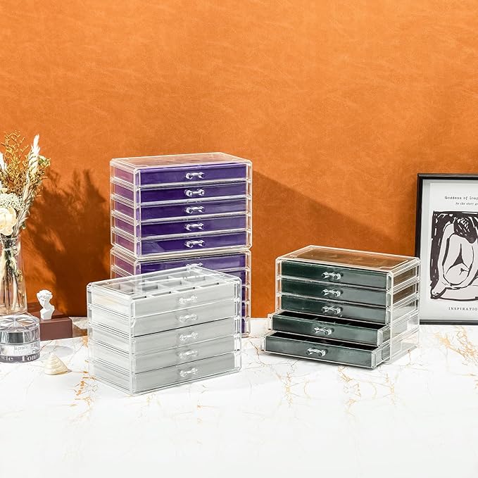 ProCase Earring Holder Organizer Jewelry Box with 5 Drawers, Acrylic Clear Earring Case with Adjustable Velvet Trays for Women - Emerald, 5 Layers