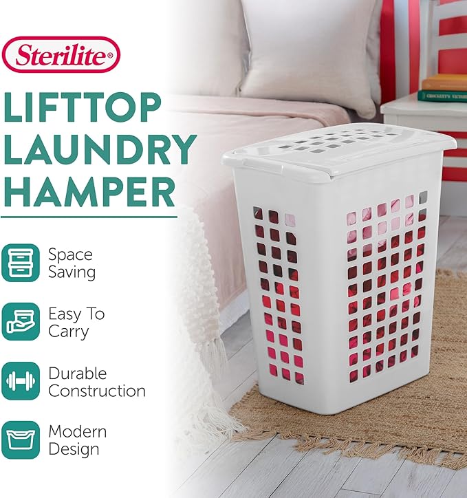 Sterilite 4-Pack LiftTop, Laundry Hamper for Clothes, Tall and Rectangular Plastic Basket with Lid, White - Large and Portable Storage Bin for Clothing and Towels - Ideal for Bathroom and Bedroom