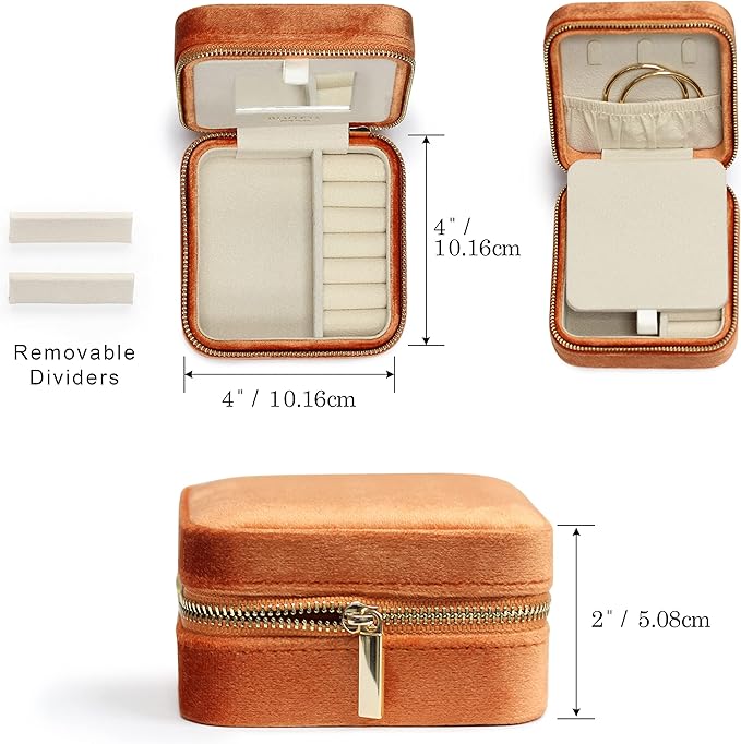 BLUTETE Travel Jewelry Box Organizer Velvet Travel Case With Mirror Rings Earrings Necklaces Storage Organizer Box (Orange)