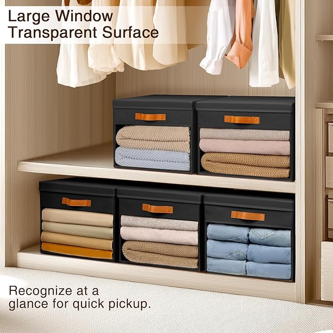Homsorout Large Storage Bins with Lids - 4 Pack Foldable Decorative Organizers with Clear Windows & Handles, Cube Storage Organizers for Clothes, Blankets, Sweaters, Sheets, Black