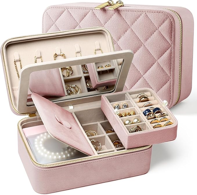 Velvet Travel Jewelry Box with Large Mirror, Double-Layer Jewelry Organizer Case for Women and Girls, Portable Storage Case with 6 Anti-Tarnish Bags Gift Ready for Her (Blush Pink)