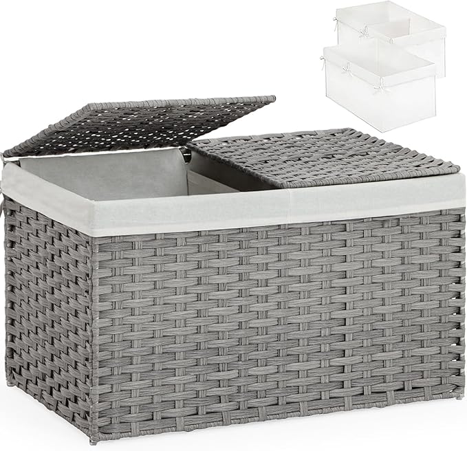 SETVSON Storage Basket with Lid, PE Rattan Woven Storage Baskets with 2 Separate Lids, 17.2 Gallon (65 L), 22.2 x 13 x 13.8 Inches, 2 Removable Liner Bags Handles for Bedroom, Laundry Room Gray