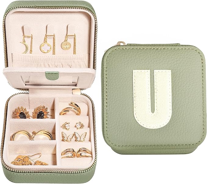 S.Leaf Initial Travel Jewelry Case Jewelry Boxes for Women Small Jewelry Box Travel Jewelry Box Jewelry Gift Boxes Jewelry Travel Case Jewelry Organizer Box Portable Travel Jewelry Case Letter U