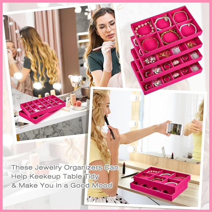 Junkin 12 Pcs Jewelry Tray Velvet Stackable Jewelry Organizer Trays Divided Earring Accessories Storage Containers Box (Rose Red)