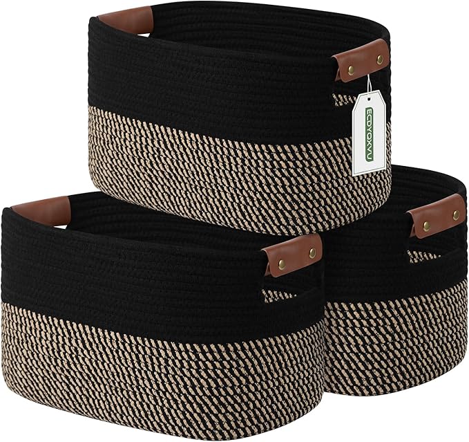 ECDYQXVU Cotton Rope Basket, Storage Baskets with Handle, 15x10x9 Inch Woven Basket for Shelves, Laundry, Towels, Clothes, Books, (Black Brown 3 Pack)