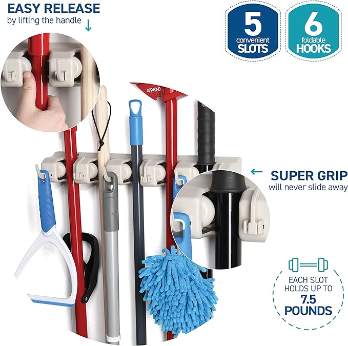 HOME IT Mop And Broom Holder Wall Mount - Garage Storage Systems with 5 Slots, 6 Hooks, 7.5lbs Capacity Per Slot - Garden Tool Organizer For Home, Kitchen, Closet, Garage, Laundry Room - Off-White