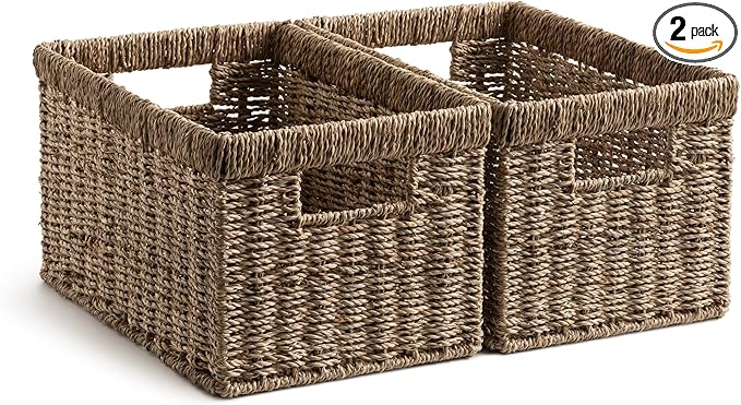 StorageWorks Wicker Storage Basket for Organizing, Medium Seagrass Storage Baskets with Built-in Handles for Pantry, Shelves,2-Pack