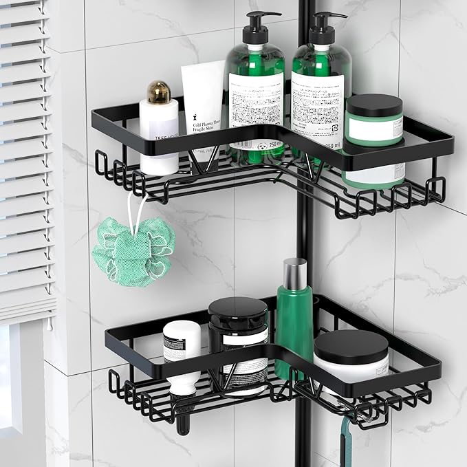 DAOYA Tension Pole Shower Caddy, 4-Tier Stainless Steel Shower Organizer with 2 Removable Soap Holders, 25 to 114.2 Inches, for Bathtub/Bathroom Corner, Renters Friendly, Black