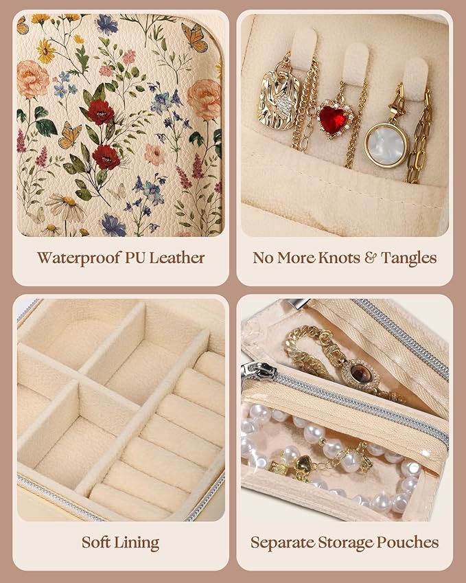 Bistup Travel Jewelry Case - Small Jewelry Organizers and Storage Box for Women Girls Teens Cute Traveling Jewelry Holder with Mirror Little Tiny Compact Flower Floral Modern Unique Aesthetic Pretty