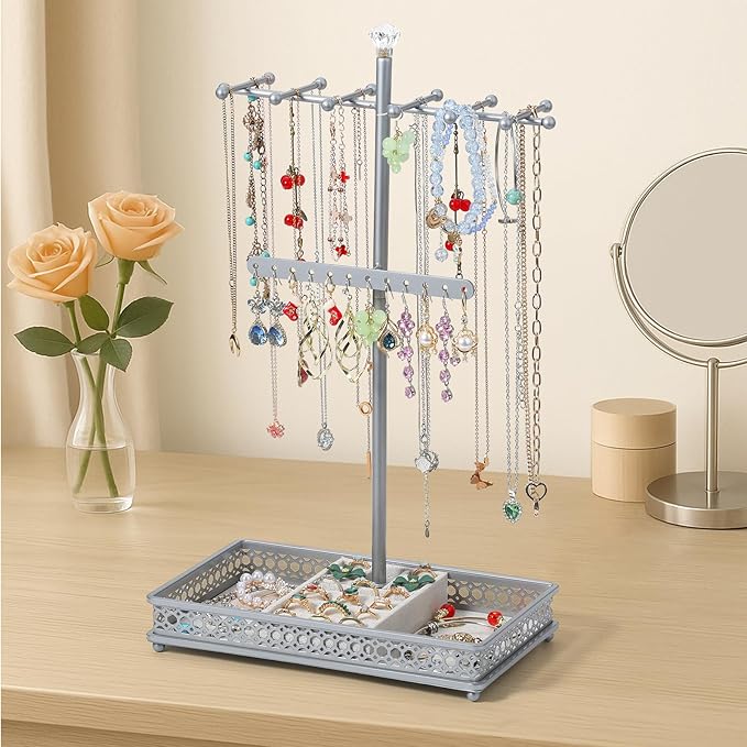 Meangood Jewelry Organizer Stand, 15.6" H Jewelry Tree Display Holder Stand for Bracelets Necklaces Earrings Rings, Gift for Women Girls (Silver)