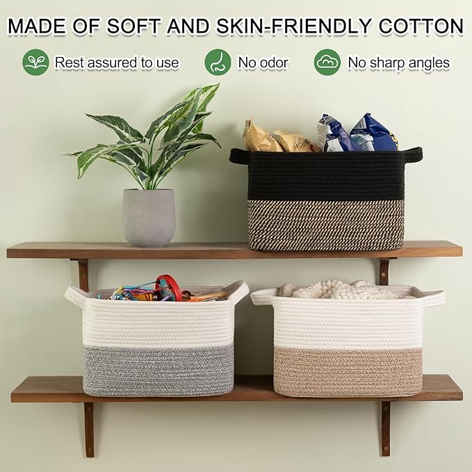 OIAHOMY Woven Storage Basket for Shelves, Rectangle Cotton Rope Baskets for Organizing, 13 x 10 x 9 in, Storage Bins for Dog Toys,Towel,Books,Gift,Black and Brown