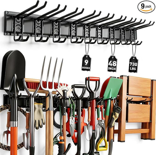 ELEAD 9-Pairs Heavy Duty Garage Tool Organizer Wall Mount Hooks, 48 Inches 730 lbs Garden Tool Organizer with Adjustable Hooks, Yard Tools Organizers for Garden, Yard, and Shed
