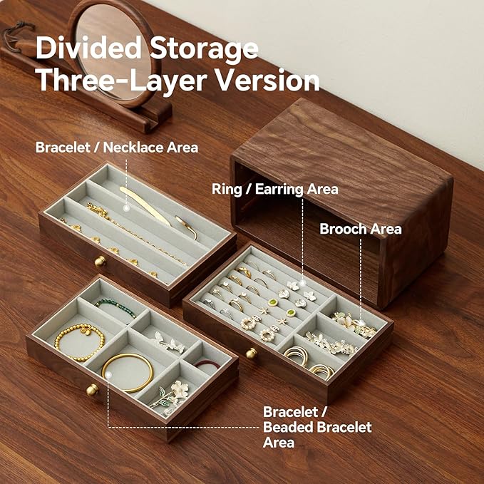 Wooden Jewelry Box for Women & Men, Large Velvet Lined Organizer with 3 Drawers, Solid Black Walnut Wood & Brass Handles, Earring Ring Necklace Storage Box
