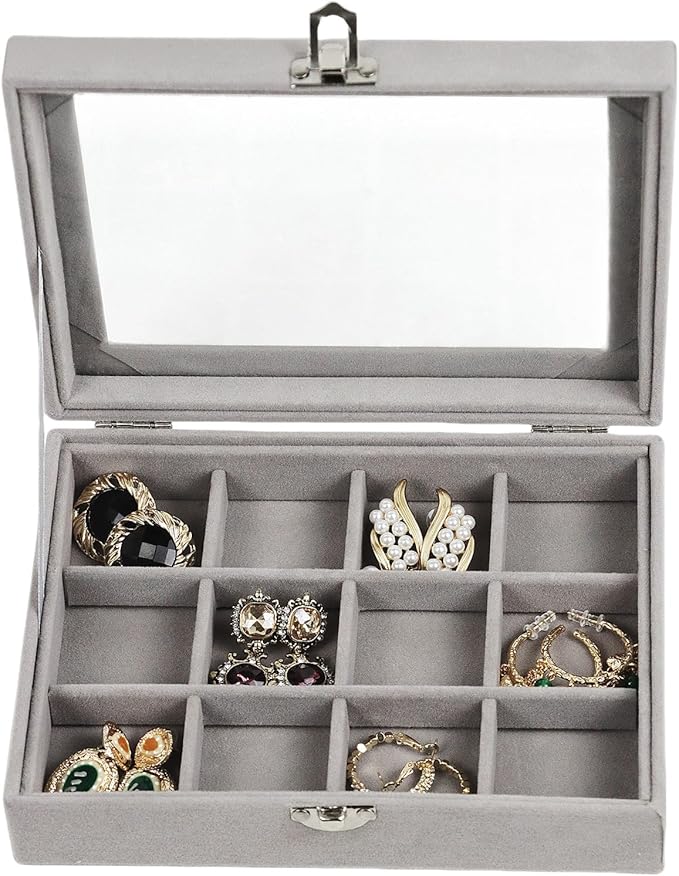 Fordonral Velvet Jewelry Organizer Box, Jewelry Drawer Organizers Trays, Earring Ring Necklace Holder Display Case (Gray, 12 Grid Box)
