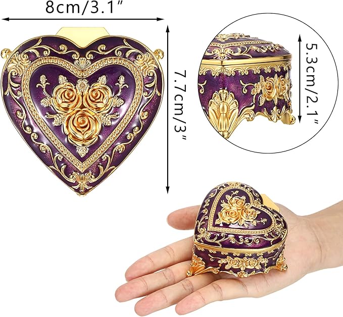 Hipiwe Decorative Jewelry Box Purple Vintage Jewelry Storage Case with Rose Pattern Heart Shaped Treasure Chest Box for Earrings Ring Necklace Keepsake Organizer