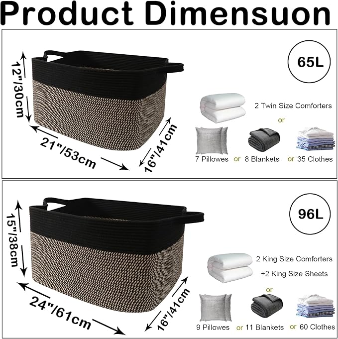 96L Large Blanket Basket,24"x16"x15"Rectangle Storage Bin with Handles,Woven Rope Laundry Basket for Toys, Clothes,Magazines,Home Organization,Nursery,Living Room & Bedroom,Black&Jute