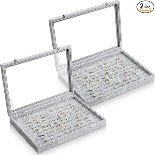 Yinkin 2 Pcs 100 Slots Ring Organizer Box with Transparent Glass Lid Necklace Display Tray Ring Case Velvet Jewelry Holder (Gray)