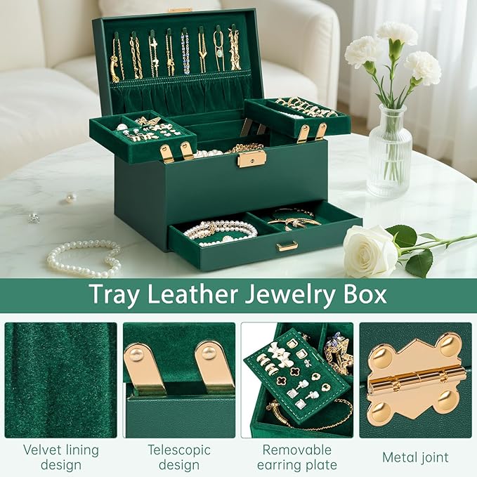 AKOZLIN Travel Jewelry Box Organizer Functional 2-trays Leather Jewelry Storage Case with Lockable Portable Drawer for Women Girls Ring Necklace Earring Bracelet