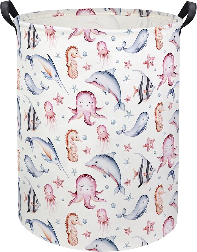 HIYAGON Baby Laundry Basket Baby Hamper for Nursery Girl Kids Ocean Hamper Cute Kids Toys Storage Bin Organizer Pink Room Decor for Home(Pink Ocean)