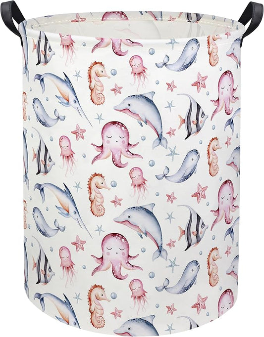 HIYAGON Baby Laundry Basket Baby Hamper for Nursery Girl Kids Ocean Hamper Cute Kids Toys Storage Bin Organizer Pink Room Decor for Home(Pink Ocean)