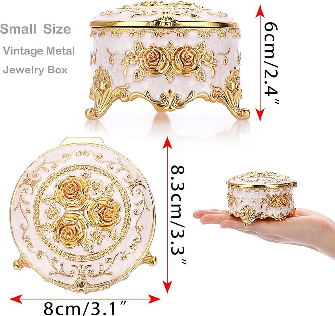 Hipiwe Vintage Round Jewelry Box Small Trinket Storage Organizer Box Gold Metal Chest Ring Case Treasure Box Keepsake Box Earrings Necklace Storage Box Gift for Women, Small