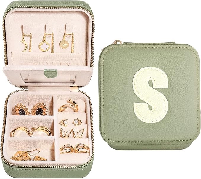 S.Leaf Initial Travel Jewelry Case - Portable Jewelry Box for Women - Small, Gift Boxes - Organizer Box - Letter S