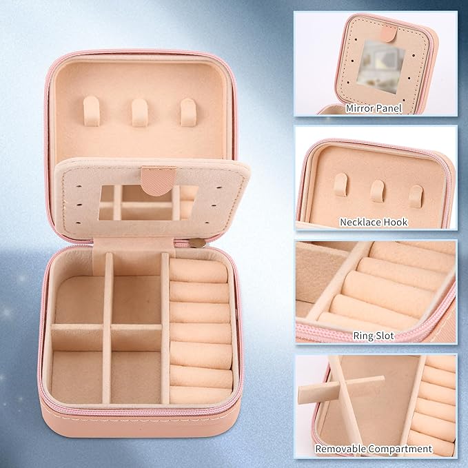 Neveika Jewelry Box with Mirror,Small Jewelry Organizer Box，Travel Jewelry Case for Women，Gift Jewelry Boxes for Female Girls (2pcs mirror pink)