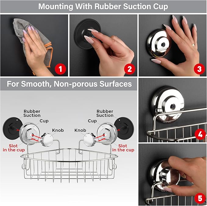 HASKO accessories Corner Shower Caddy with Suction Cups and 3M Adhesive Mounting Discs for porous surfaces - Stainless Steel Basket for Bathroom Storage (Chrome)