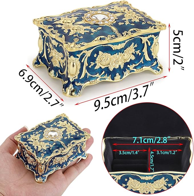 Hipiwe Vintage Jewelry Box, Small Enameled Trinket Box Organizer Rectangular Treasure Chest Box Jewelry Decorative box Keepsake Gift Box Case for Women,3.7x 2.7x 2 inch