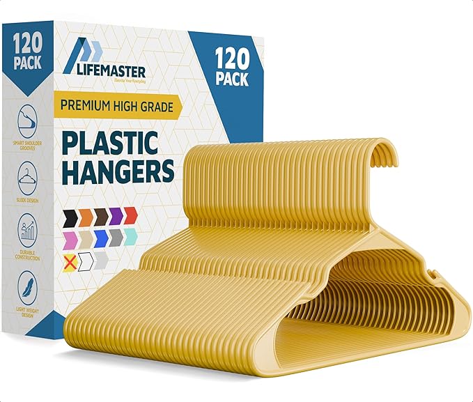 Lifemaster Plastic Clothes Hangers – Heavy Duty Hanger Set, for Organizing Clothes, Dresses, and Coat, Holds Up to 5 lbs, Space-Saving Hangers with Non-Slip Shoulder Grooves, Pack of 120, Yellow