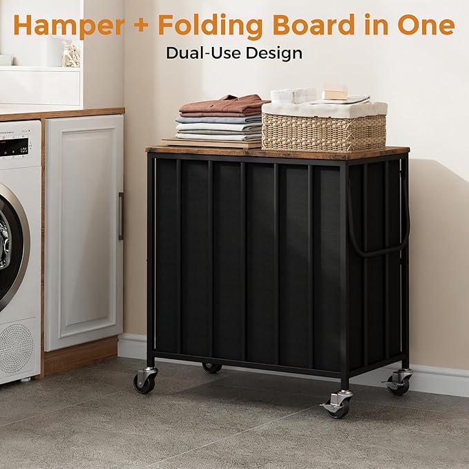 120L Laundry Hamper with Wheels and Lid, Rolling Laundry Basket with Dual Removable Liners, Soft-Close Flip-Top Wooden Lid, Metal Handles, Clothes Organizer for Bedroom and Laundry Room