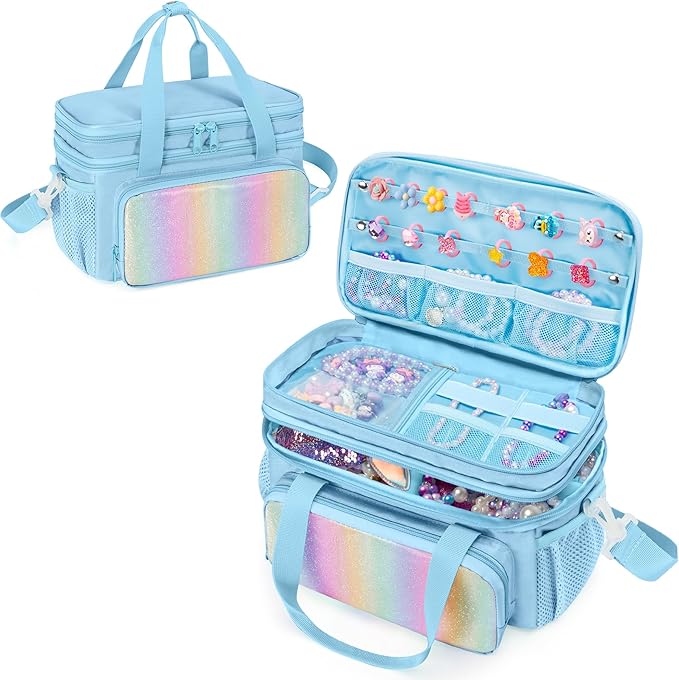 GRAOSO Double Layer Jewelry Organizer Storage for Kids Girls, Travel Jewelry Case Bag, Portable Jewelry Box with Handle and Detachable Shoulder Strap for Necklaces, Earrings, Rings, Blue (Case Only)