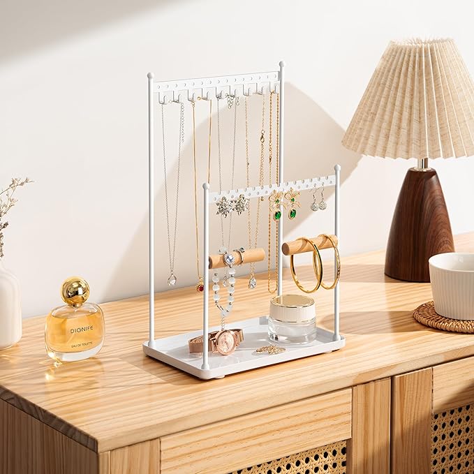 3 Tier white Jewelry Stand, Necklace Organizer, Earring Holder with 44 Holes and 9 Hooks, for Necklaces, Bracelets, Rings