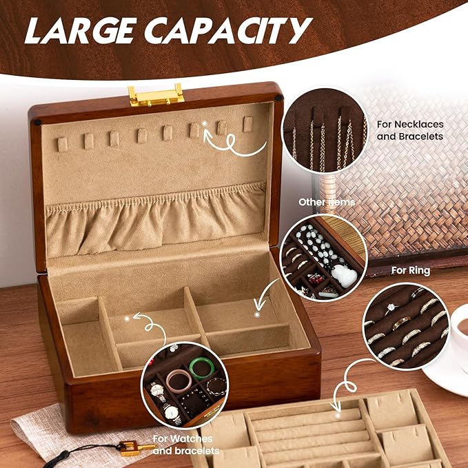 Wooden Jewelry Box with Lock, Double Layer Solid Walnut Wood Jewelry Organizer with Key Velvet Lining for Earrings Rings Necklaces Bracelets Cufflink Pendants Gift Idea Men Women