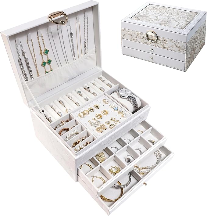 TOFUNTOY Jewelry Organizer Box, Large Jewelry Boxes for Women, 3-Layer Jewelry Holder Organizer for Necklace Earrings Rings Bracelets Storage, Gift for Her Mom