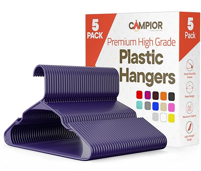 Purple Plastic Hangers 5 Pack– Heavy-Duty Plastic Hangers Slim and Space-Saving, Durable and Lightweight with Non-Slip Shoulder Notches for Slip Dresses, Suits, Jackets & Camisoles