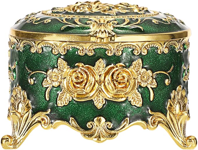Hipiwe Vintage Jewelry Box Small Trinket Storage Organizer Box Gold Metal Chest Ring Case Treasure Chest Round Keepsake Boxes for Earrings Necklace Gift for Women,Green