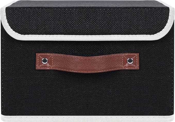 ANMINY Storage Bin with Lid Storage Boxes with PU Leather Handles PP Plastic Board Decorative Foldable Lidded Cotton Linen Fabric Home Cubes Baskets Closet Organizer Container - Black, Medium