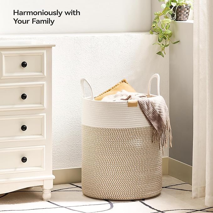 Nunsino Laundry Hamper 62L,Large Laundry Basket for Clothes,Decorative Storage Basket for Blankets,Cotton Rope Woven basket for bedroom,Brown White
