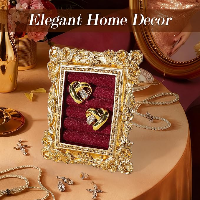 Vintage Ring Holder Rectangle Gold Velvet Display Stand - Baroque Jewelry Organizer Box Tray for Wedding Engagement Anniversary Women Birthday Christmas Gift Photograph Prop (MPF05-Gold Red)