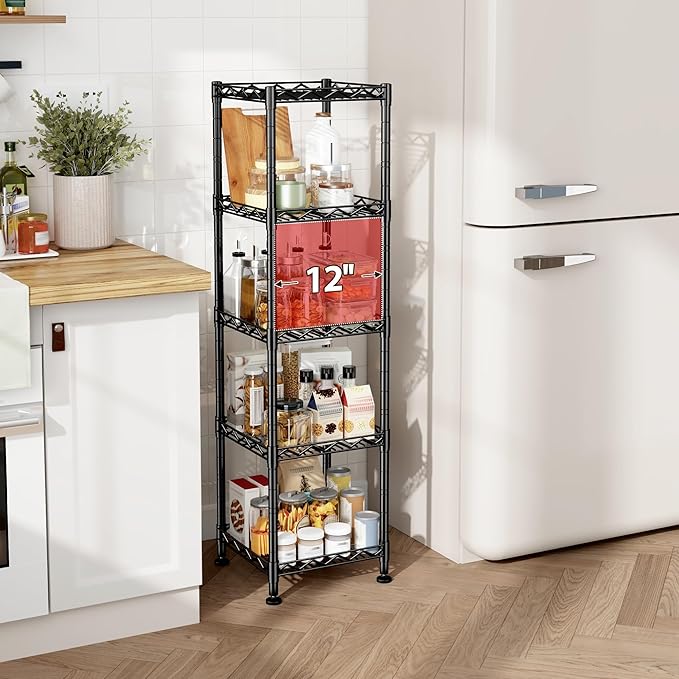 5 Tier Metal Shelving Unit Adjustable Storage Shelves:Wire Shelves Storage Rack Standing Bathroom Shelf and Narrow Small Shelf for Kitchen Pantry Closet Laundry Dorm Office 12''Wx12''Dx49''H Black