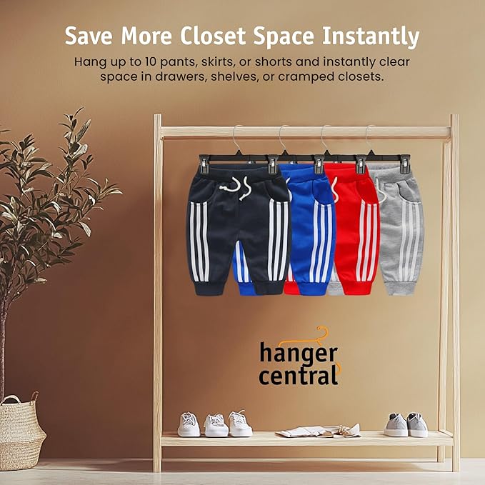 Hanger Central 30 Pack Pants Hangers Slim Plastic Clothes Hangers with Clips for Skirts, Shorts & Trousers – Non Slip Grip, Heavy Duty Space Saver with Swivel Hook – Black Closet Organizer - 10 Inch