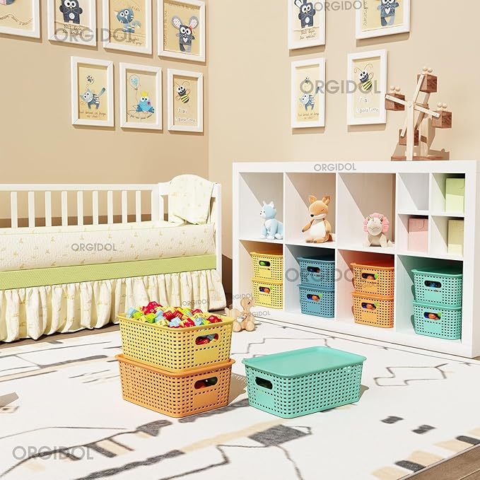 ORGIDOL Plastic Storage Basket with Lids 10 Pack Stackable Colorful Storage Bins Containers with Lid, Decorative Storage Boxes for Organizing Shelves, Drawers, Playroom, Classroom, Office, Closet