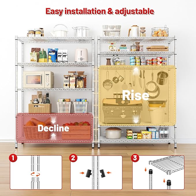 REIBII 73''H Storage Shelves 1660LBS Wire Shelving Unit with Wheels 5 Tier Metal Shelving,Heavy Duty Metal Shelves for Storage Rack,Commercial Industrial for Garage Kitchen 73''HX35''WX15''D,Chrome